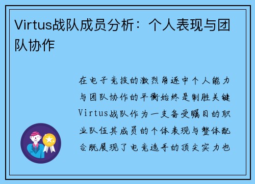 Virtus战队成员分析：个人表现与团队协作
